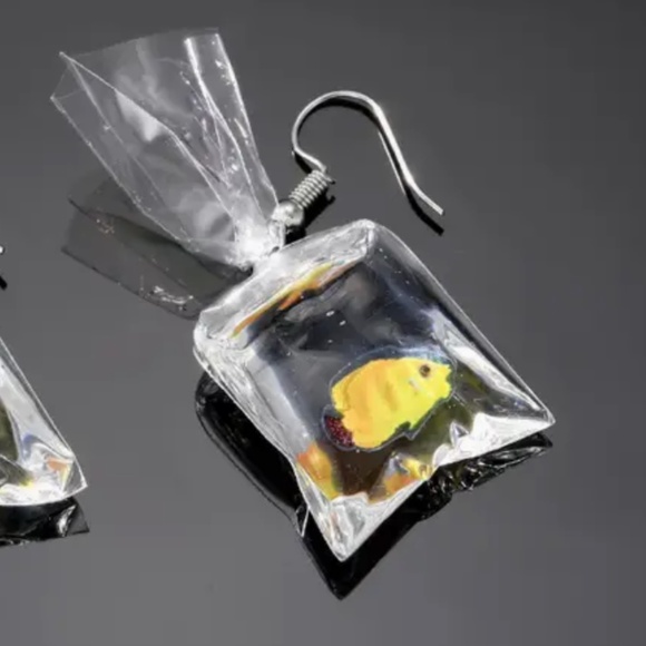 Yellow Aquarium Fish in a Bag Earrings - Picture 3 of 3